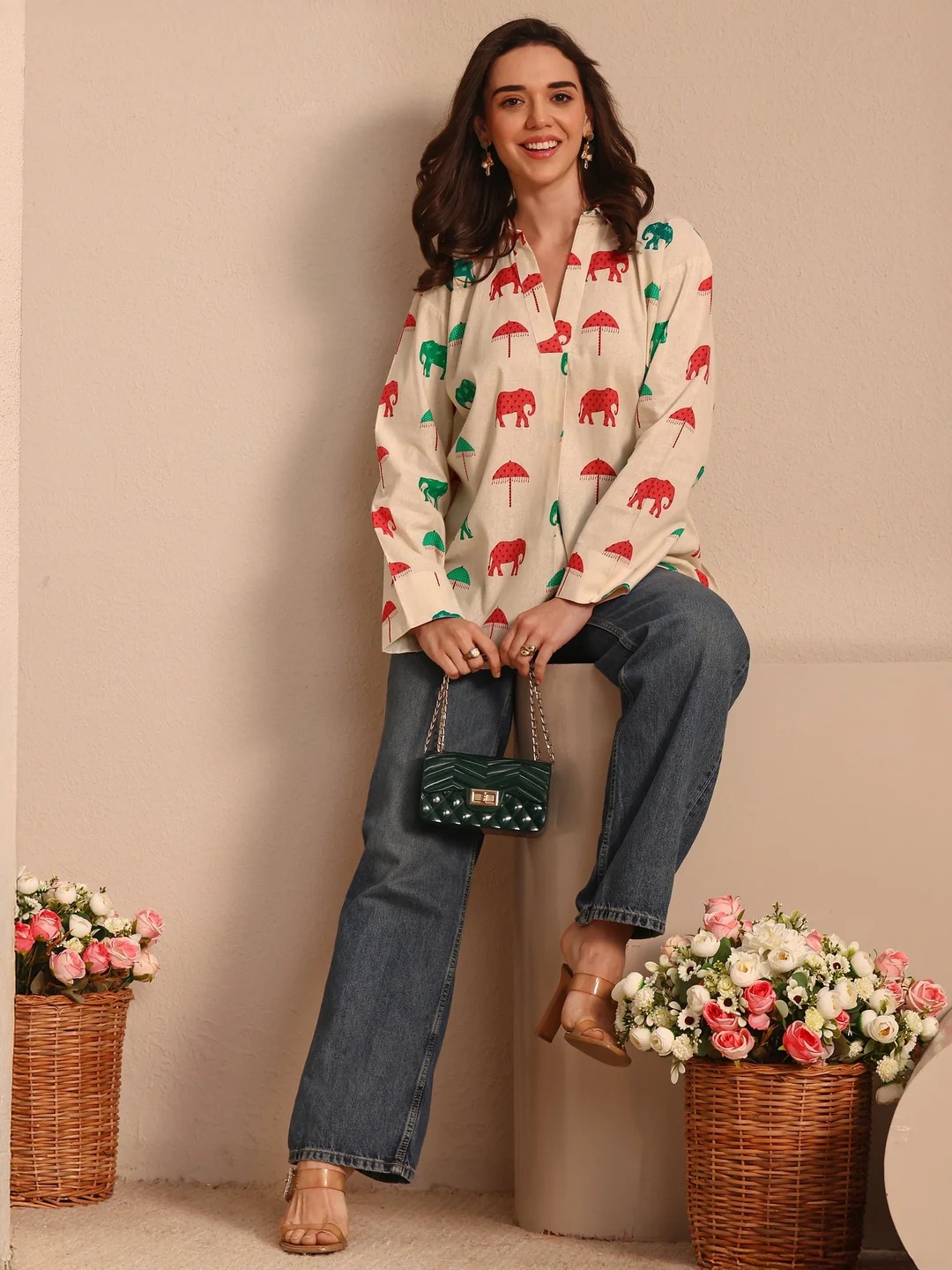 Libas Off White Printed Cotton Straight Short Kurti