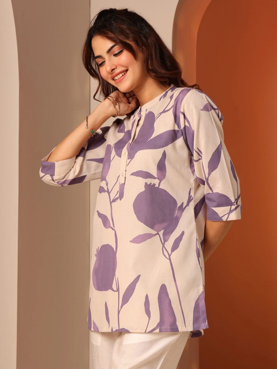 Libas Short Kurti Off White Printed Cotton Straight