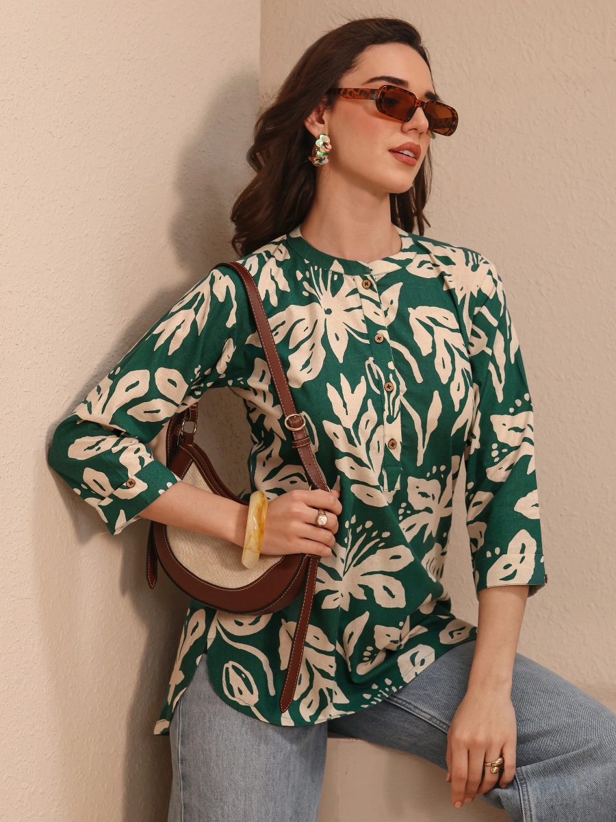 Libas Green Floral Printed Short Kurti Cotton Straight