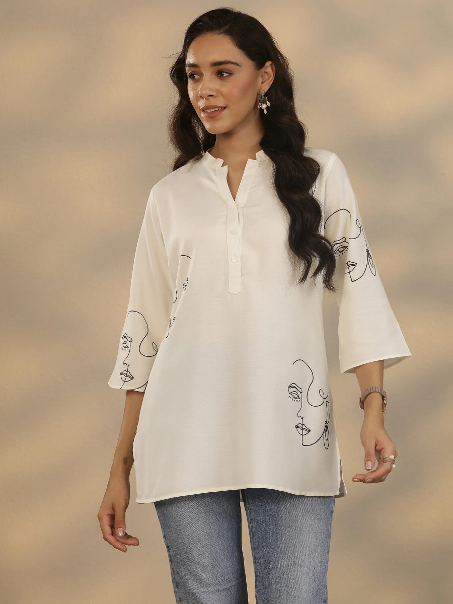 Gerua White Printed Rayon Straight Short Kurti