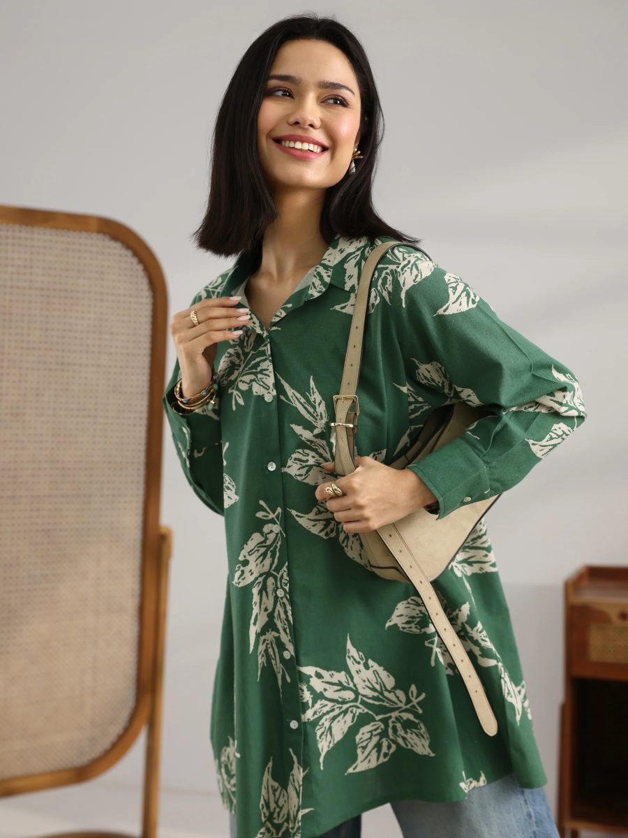 Libas Green Printed Cotton Shirt