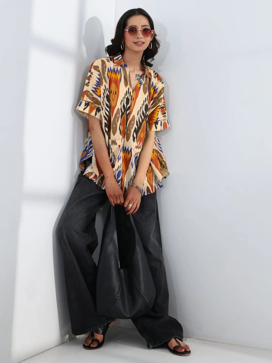 Libas Multi- Coloured Abstract Printed Cotton Straight Short Kurti
