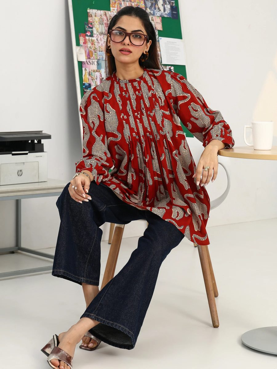 Gerua Rust Tribal Printed Cotton Blend Straight Short Kurti