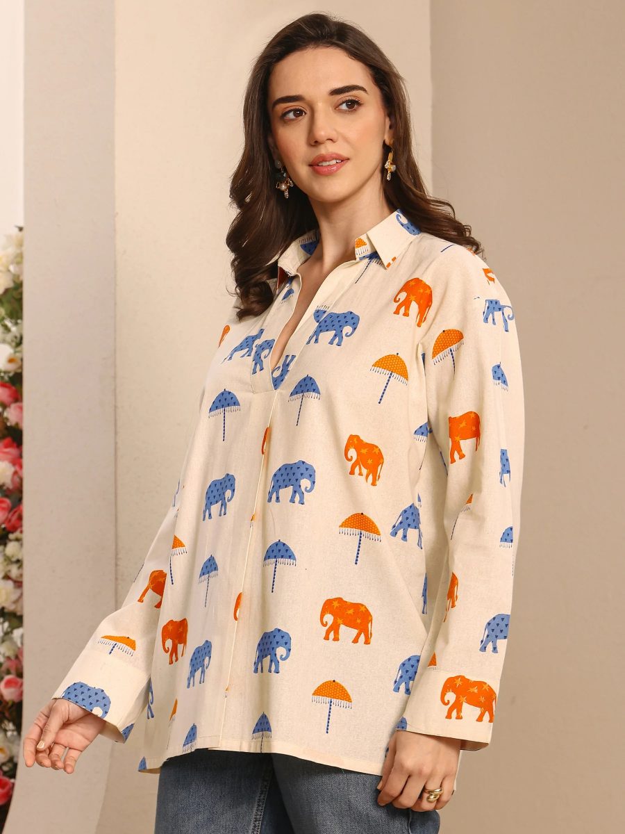 Libas Off White Humanoid Printed Cotton Straight Short Kurti