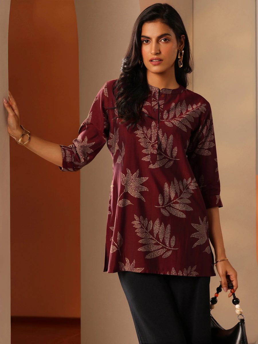 Libas Maroon Printed Silk Blend Straight Short Kurti
