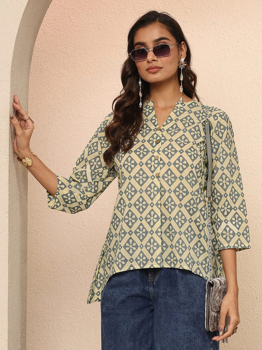 Libas Beige Block Printed Cotton Straight Short Kurti