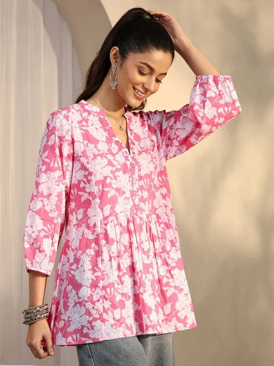 Libas Pink Printed Cotton A-Line Short Kurti