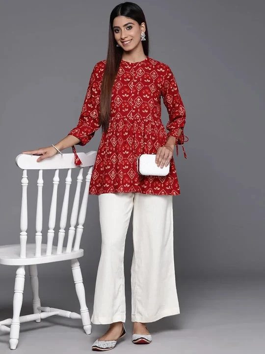 Gerua Maroon Printed Rayon A-Line Short Kurti